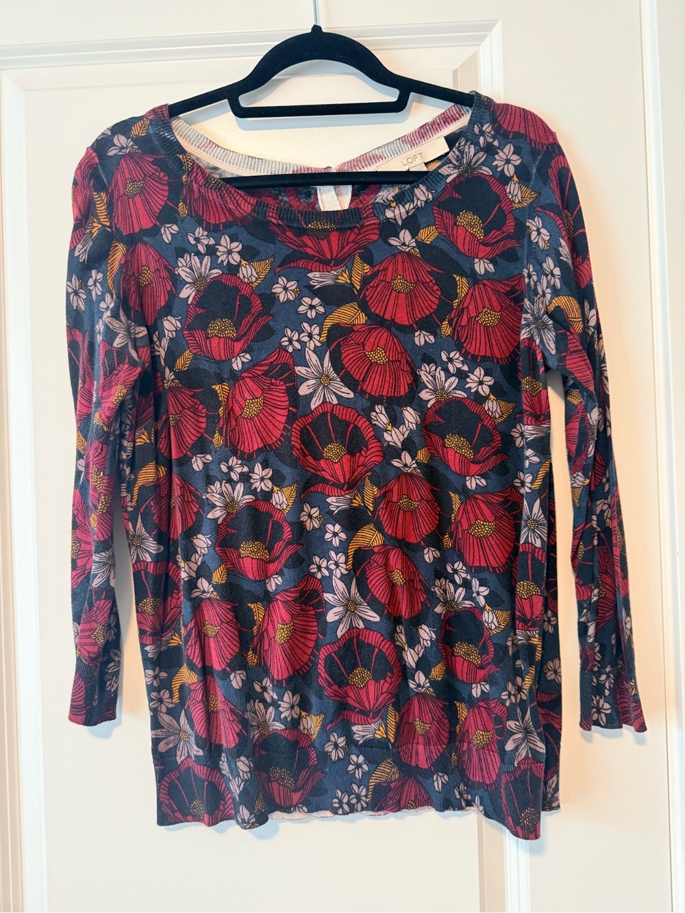 LOFT Navy 3/4 Sleeve Tee with Red and mustard yellow Floral Print
